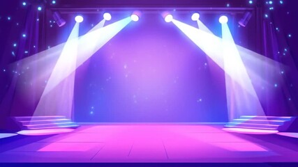 Canvas Print - Empty stage lit by spotlights, vibrant purple and blue hues.