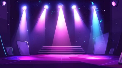 Canvas Print - Empty stage lit by vibrant spotlights, creating a dramatic performance space.