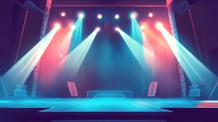 Canvas Print - Empty concert stage illuminated by vibrant spotlights, showcasing a dramatic lighting effect.