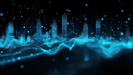 Wall Mural - Abstract digital landscape with glowing blue structures and particles floating against a dark background.