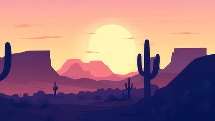 Wall Mural - Desert landscape illustration with cacti silhouettes against a sunset sky with mountains in the background.