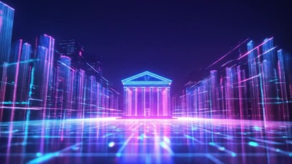 Wall Mural - Neon-lit architectural structure resembling a bank or government building in a futuristic cityscape with glowing grid lines.