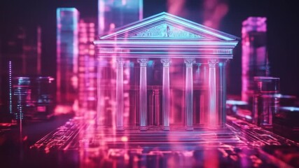 Wall Mural - glowing digital rendering of a classical-style building with columns, set against a futuristic city 