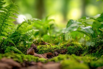 Wall Mural - Lush green moss and ferns flourish in a vibrant forest, highlighting the beauty of nature
