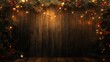 © ProPhotos - A wooden wall decorated with shimmering garlands and a garland of pine branches, red berries and gold ornaments. There is an empty space in the center to place an advertisement or a festive message.