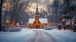 © ProPhotos - A tiny church bathed in Christmas lights glows warmly through the snow in a peaceful village on a cold winter night.