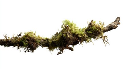 Wall Mural - Mossy Branch Isolated on White Background, Close-Up of Natural Texture for Botanical Illustrations and Design Elements