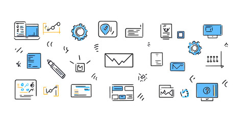 hand drawn software coding icons set with line graphs settings charts data files envelope and comput