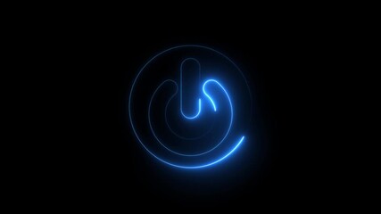 Glowing blue neon power on off button flickering on a black mesh background. Technology concept ideal for user interface concepts, tech startups, app development, Motion graphics of power concept.
