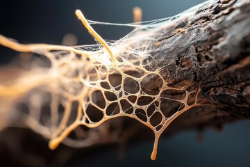 Fungal mycelium with delicate web like structure growing on dark tree bark, showing intricate natural patterns and organic texture in close up macro photography