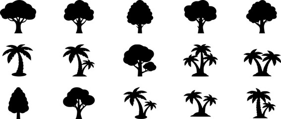 black and white Tree and palms  Icons Vector Black Silhouette