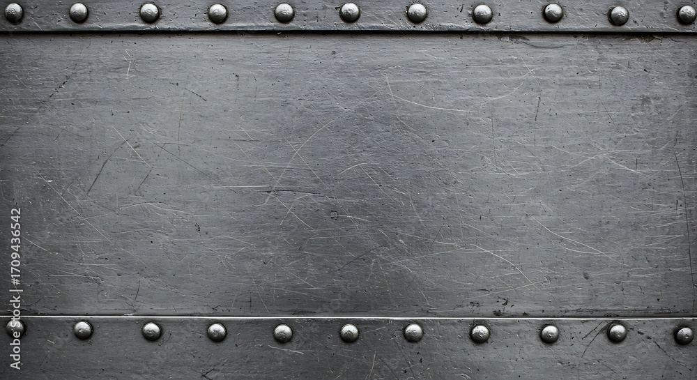 Heavy industrial metal background plate with rows of steel rivets along ...