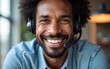© lin - Happy senior latin Hispanic man in wearing headphones, helping as callcenter consult assistant. Smiling mature 40s years old mixed race businessman holding video call with clients partners. Close up