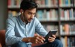 © li - Young indian male student wearing earphones use mobile tablet sitting in library. High quality