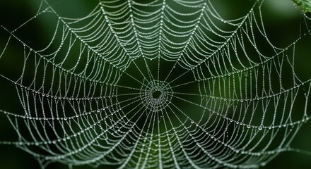 Closeup of a dewcovered spider web with intricate patterns in a natural green environment