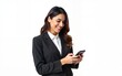 © hao - Indian or arabic woman in business suit holding cellphone, looking at camera. Happy young middle eastern businesswoman using smartphone mobile phone for work isolated on white background. Copy space