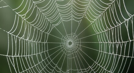 Closeup of a dewcovered spider web, showcasing intricate patterns and delicate structure