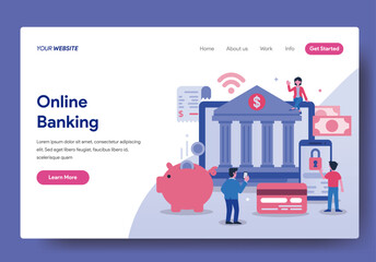Commercial cryptocurrency vector graphics A webpage for “Online Banking” with a bank building, piggy bank, and people, in a professional layout