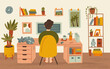 © Vector image stock - Vector elements of the home office environment  A person working at a desk in a room with shelves and a clock, on a light background