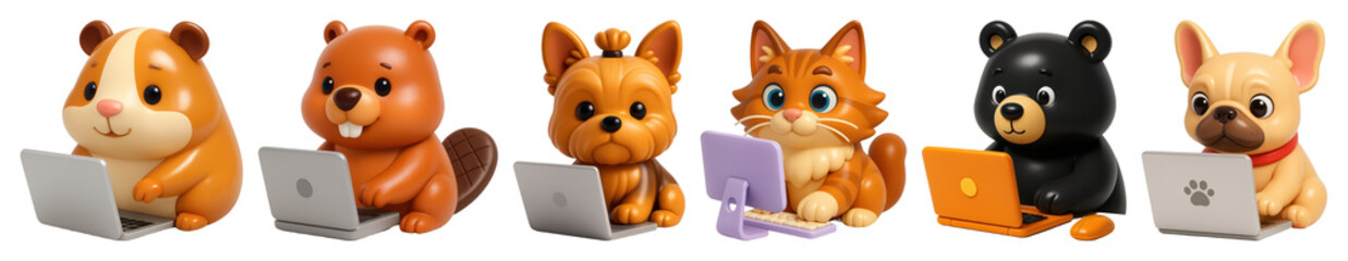 Wall Mural - PNG Adorable animals using laptops, element set on transparent background