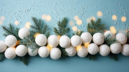 Festive white balls and pine branches on a light blue background with bokeh lights