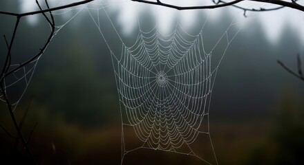 Dew drops on a spider web in a misty forest on a gloomy day