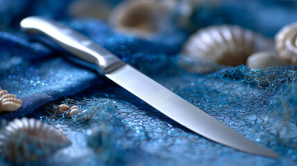 Knife surrounded by seashells and netting on a blue background.