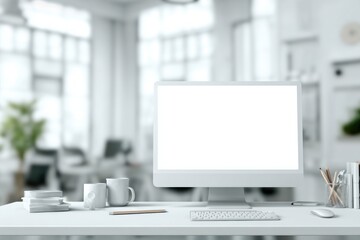 blurred background of a modern office interior with a white desk and computer monitor mockup, a minimalist work space for a graphic designer or web developer, with copy space.