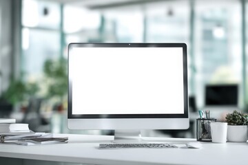 blurred background of a modern office interior with a white desk and computer monitor mockup, a minimalist work space for a graphic designer or web developer, with copy space.