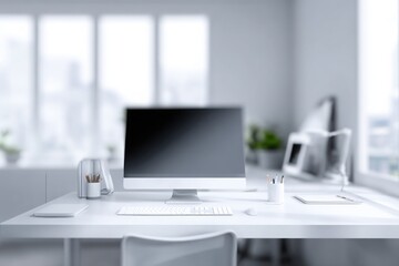 blurred background of a modern office interior with a white desk and computer monitor mockup, a minimalist work space for a graphic designer or web developer, with copy space.