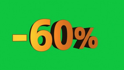 Wall Mural - Animated 3D minus 60 percent sign rotating on green background in seamless loop