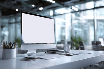 blurred background of a modern office interior with a white desk and computer monitor mockup, a minimalist work space for a graphic designer or web developer, with copy space.