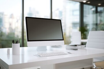 blurred background of a modern office interior with a white desk and computer monitor mockup, a minimalist work space for a graphic designer or web developer, with copy space.