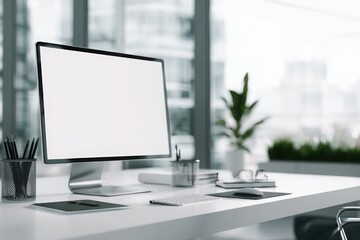 blurred background of a modern office interior with a white desk and computer monitor mockup, a minimalist work space for a graphic designer or web developer, with copy space.
