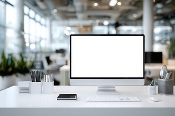 blurred background of a modern office interior with a white desk and computer monitor mockup, a minimalist work space for a graphic designer or web developer, with copy space.