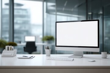 blurred background of a modern office interior with a white desk and computer monitor mockup, a minimalist work space for a graphic designer or web developer, with copy space.
