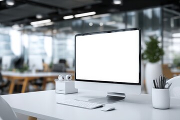 blurred background of a modern office interior with a white desk and computer monitor mockup, a minimalist work space for a graphic designer or web developer, with copy space.