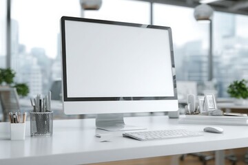 blurred background of a modern office interior with a white desk and computer monitor mockup, a minimalist work space for a graphic designer or web developer, with copy space.