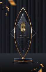 Wall Mural - Glass award trophy.Transparent prize template with golden palm branch. Winner first place concept. Vector illustration.