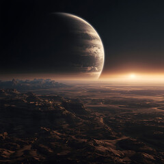 Wall Mural - A planetary landscape is depicted, featuring alien terrain. In the background, a large gas giant is visible in the expanse of space.