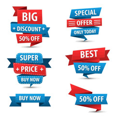 a collection of six colorful sale and discount tags, including 'big discount 50% off', 'special offe