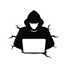 Computer Hacker Breaking Through the Digital World, Using a Laptop, Silhouette, hacker cracking encryption silhouette vector illustration
