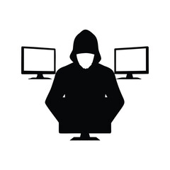 Anonymous Hacker Silhouette with Computers in Dark Coding Session in Cybercrime, hacker with multiple monitors silhouette vector illustration