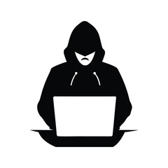 Silhouette of a mysterious hacker working on a laptop, coding in the dark, person using hacking tools silhouette vector illustration