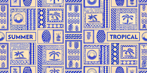 Naklejka na meble Seamless pattern with tropical motifs and summer text in blue and beige
