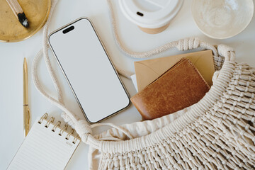 Wall Mural - Flat Lay of Neutral Stationery, Tech, and Eco Bag, Earthy Vibe