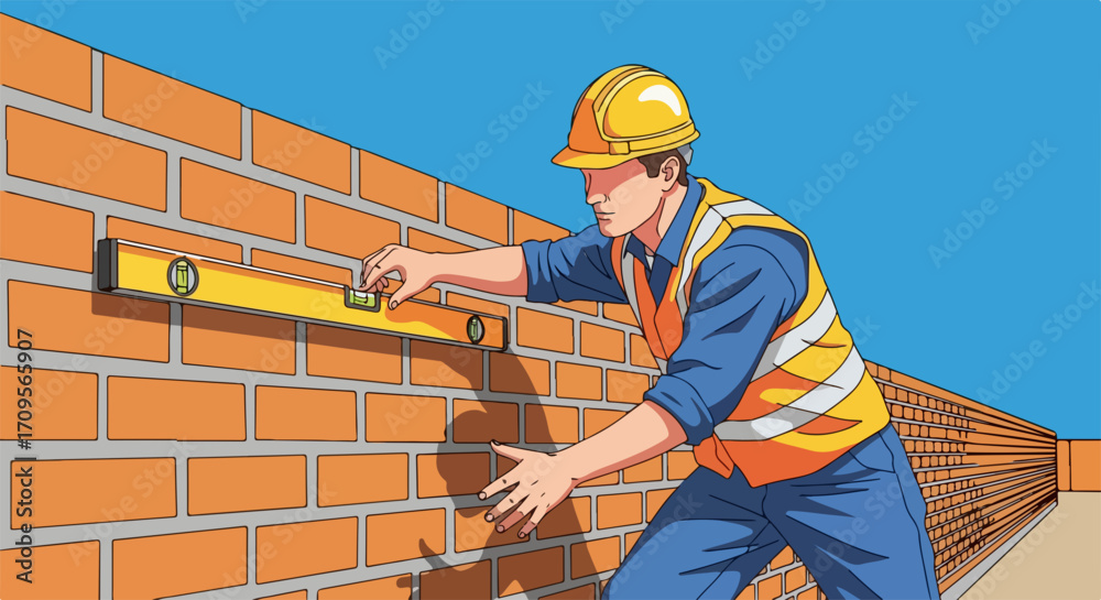 Construction worker checks brickwork quality using spirit level tool to ...