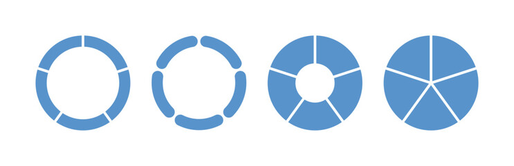 Wall Mural - Circle division infographic icon set. Pie chart divided five equal parts. Blue ring, donut round diagram. Infographic wheel segment and fraction. Vector illustration isolated on white background.