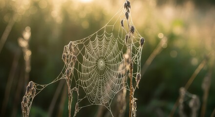 Dew drops on a spider web in the morning sun, macro photography