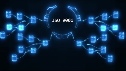 Digital network diagram with I S O 9001 certification in center and glowing blue nodes technology data